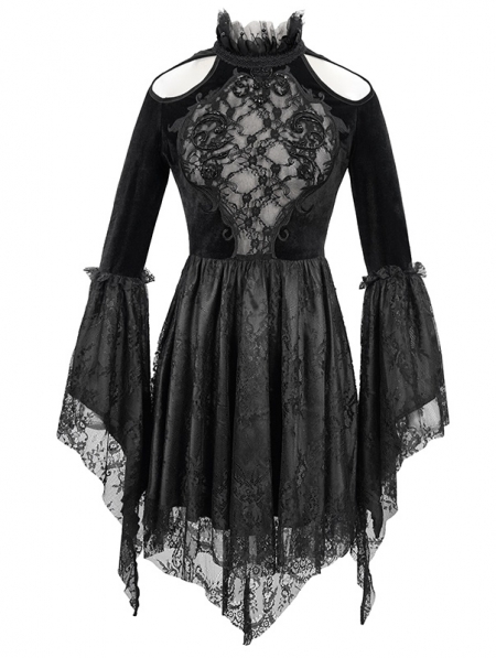 Black Sexy Gothic Hollwed-out Velvet Lace High-low Dress - Devilnight.co.uk