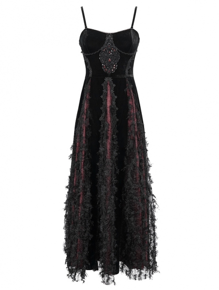 Black and Red Vintage Gothic Velvet Long Party Dress - Devilnight.co.uk