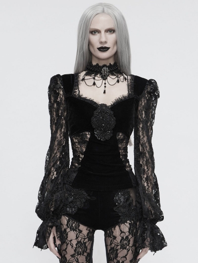 Black Vintage Gothic Sexy Velvet Lace Long Sleeve Top for Women