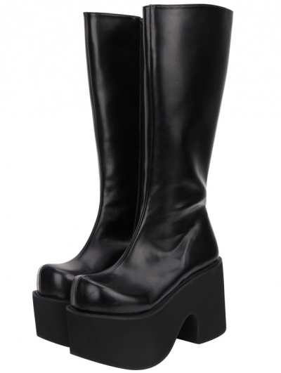 Black Gothic Grunge Punk PU Leather Platform Knee Boots for Women