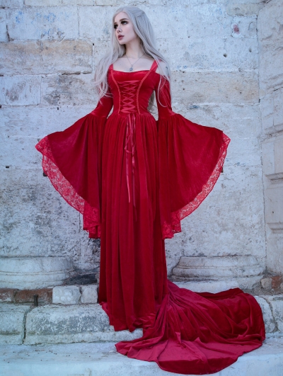 Red Velvet Off-the-Shoulder Renaissance Fairy Tale Medieval Dress