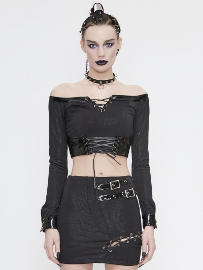 Black Gothic Punk Off-the-Shoulder Long Sleeve Short T-Shirt for Women