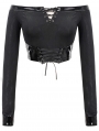 Black Gothic Punk Off-the-Shoulder Long Sleeve Short T-Shirt for Women