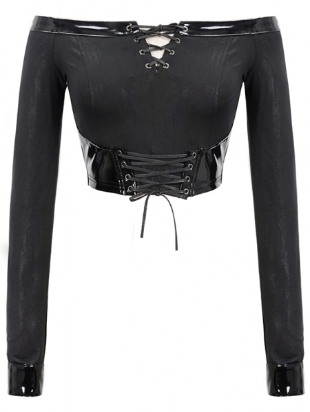 Black Gothic Punk Off-the-Shoulder Long Sleeve Short T-Shirt for Women ...