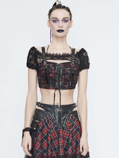 Black and Red Plaid Fashion Gothic Grunge Short Top for Women