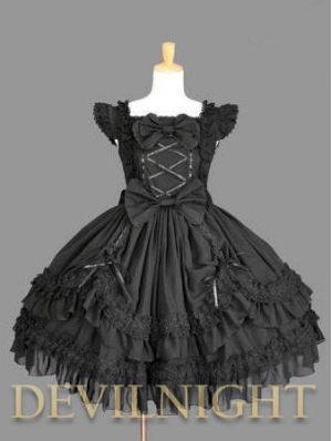 Black Ruffled Cap Sleeves Sweet Bow Gothic Lolita Dress