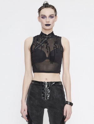 Black Sexy Gothic Net Sleeveless Short T-Shirt for Women