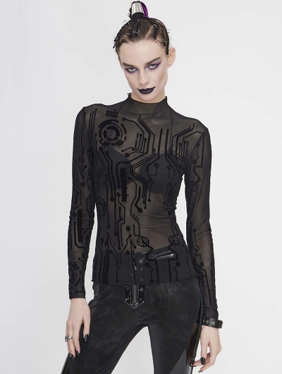 Black Gothic Punk Sexy Net Long Sleeve T-Shirt for Women