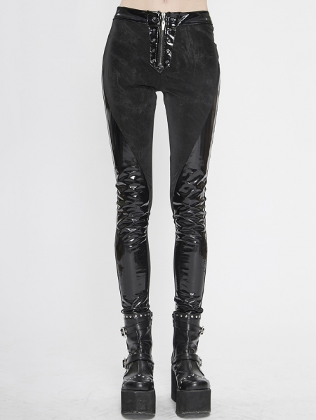 Black Gothic Punk PU Leather Long Trousers for Women - Devilnight.co.uk