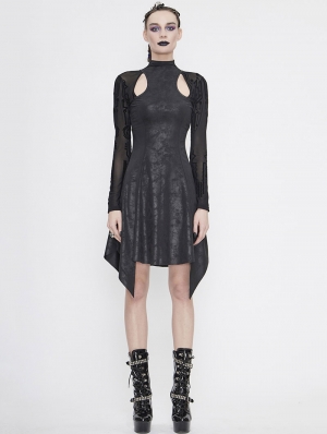 Black Gothic Hollowed-out Long Sleeve Asymmetrical Dress