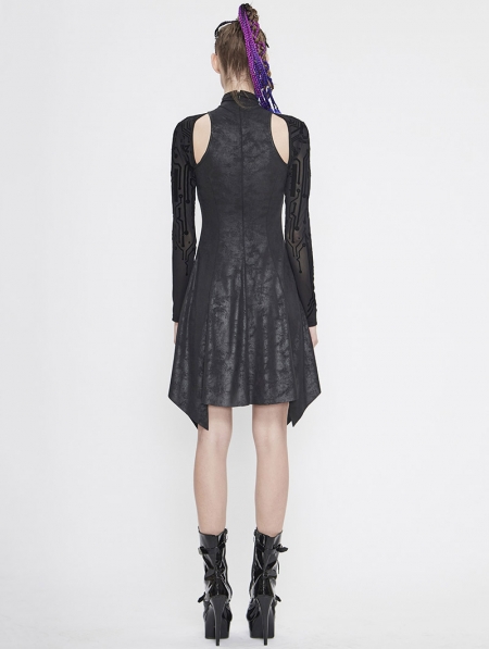 Black Gothic Hollowed-out Long Sleeve Asymmetrical Dress - Devilnight.co.uk