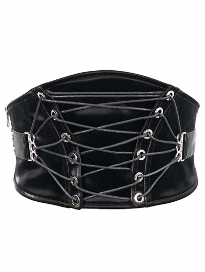 Black Gothic PU Leather Wide Waitband for Women