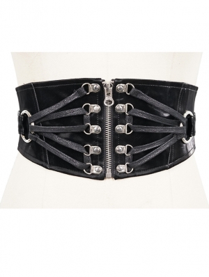 Black Gothic Punk PU Leather Wide Waistband for Women