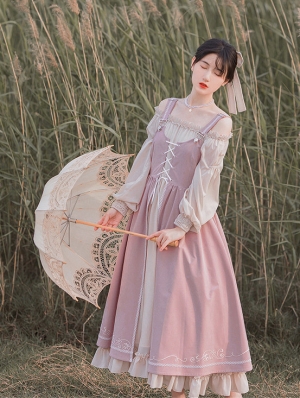 Ivory and Pink Two-pieces Off-the-Shoulder Lantern Sleeve Sweet Lolita OP Dress