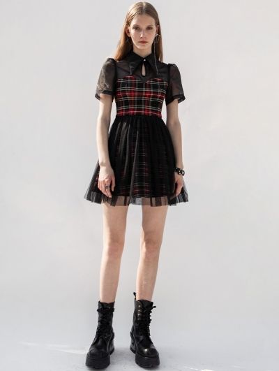 Black and Red Plaid Short Sleeve Daily Wear Gothic Grunge Short Dress