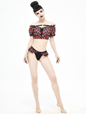 Black and Red Plaid Gothic Cute Two-Piece Swimsuit Set