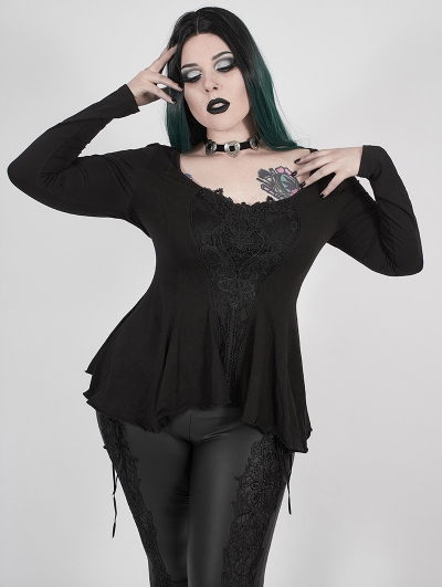 Black Gothic Lace Long Sleeve Irregular Plus Size T-Shirt for Women