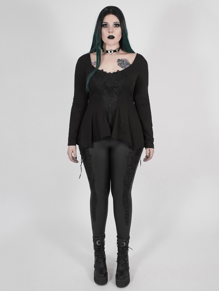 Black Gothic Lace Long Sleeve Irregular Plus Size T-Shirt for Women ...