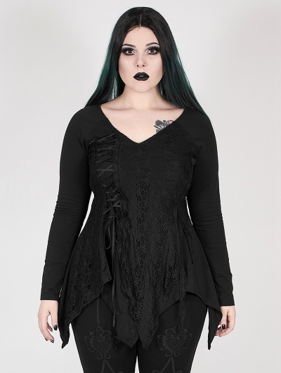 Black Gothic Gorgeous V-Neck Lace Long Sleeve Plus size Shirt for Women