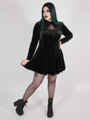 Black Gothic Velvet Dark Night Vines Short Plus Size Dress