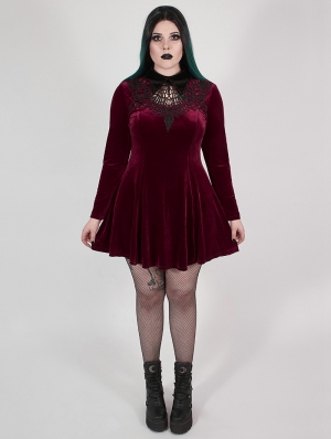 Wine Red Gothic Velvet Dark Night Vines Short Plus Size Dress