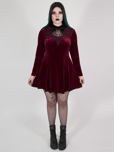 Wine Red Gothic Velvet Dark Night Vines Short Plus Size Dress