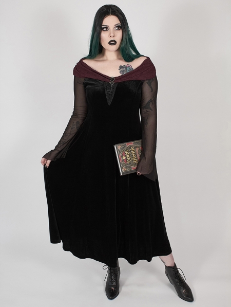 Black Gothic Velvet Horizontal Neck Long Plus Size Dress 