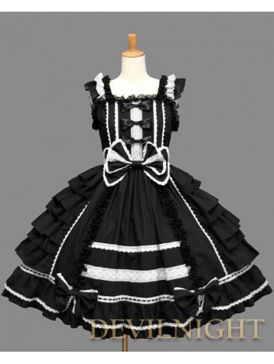 Black Bow Ruffles Sleeveless White Lace Sweet Gothic Lolita Dress