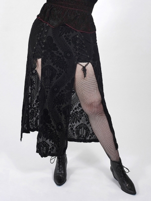 Black Vintage Gothic Velvet Long Slit Plus Size Skirt