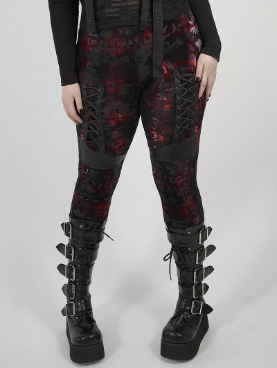 Red Plaid Gothic Punk Velvet Plus Size Leggings for Women
