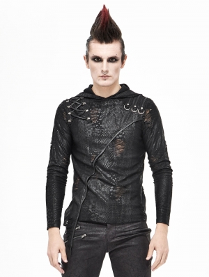 Black Gothic Punk Long Sleeve Hooded Irregular T-Shirt for Men