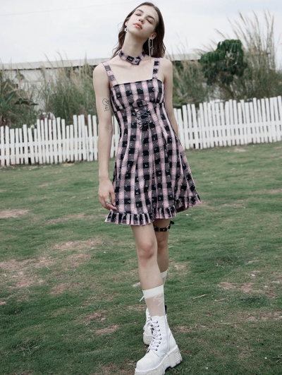 Black and Pink Plaid Street Fashion Cute Gothic Grunge Short Silp Dress