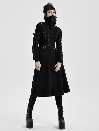 Black Gothic Punk Military Casual Mid Length Coat for Women