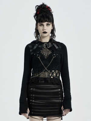 Black Gothic Punk Chain Hooeded Short Coat for Women