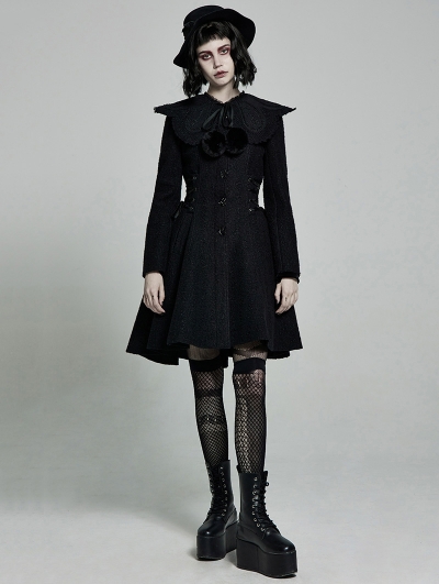 Black Gothic Lolita Mid Length Winter Warm Hooded Coat for Women