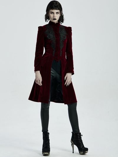 Dark Red Vintage Gothic Velvet Mid Length Tail Coat for Women