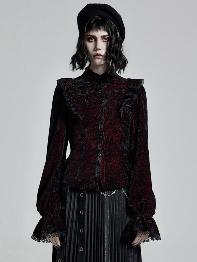 Dark Red Gothic Gorgeous Velvet Long Sleeve Shirt for Women