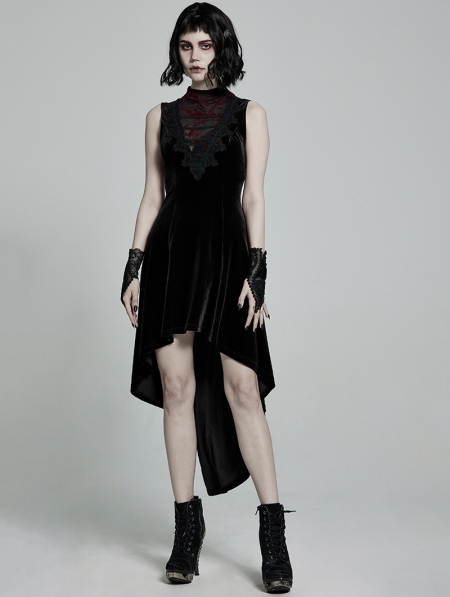 Black Retro Gothic Sexy Velvet High-Low Sleeveless Dress - Devilnight.co.uk