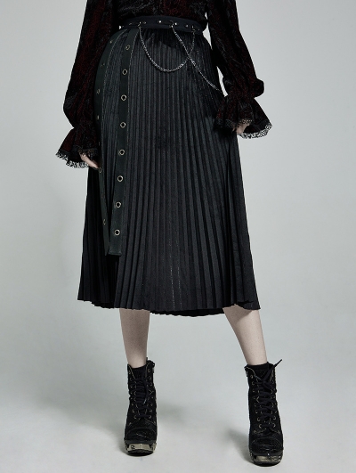 Black Gothic Punk Velvet Pleated Daily Wear Long Skirt