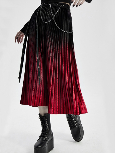 Black and Red Gothic Punk Velvet Pleated Daily Wear Long Skirt