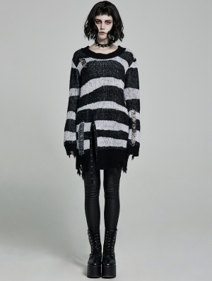 Black and White Stripe Gothic Pullover Daily Wear Sweater for Women