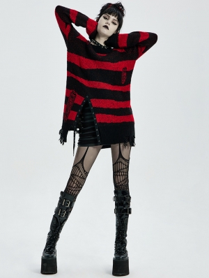 Black and Red Stripe Gothic Pullover Daily Wear Sweater for Women