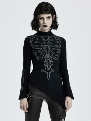 Black Gothic Bone Pattern Asymmetric Daily Wear Sweater for Women