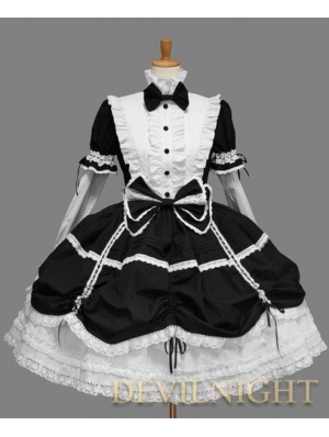 Black and White Long Detachable Sleeves Bow Sweet Gothic Lolita Dress 