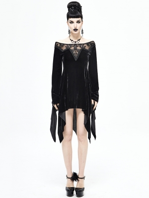 Black Elegant Gothic Velvet Off-the-Shoulder Short Irregular Dress