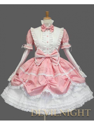 Pink and White Long Detachable Sleeves Bow Sweet Lolita Dress 