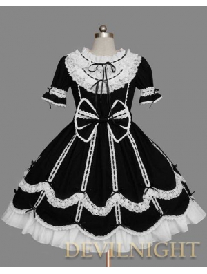 Black and White Short Sleeves Ribbon Bow Sweet Gothic Lolita Dress
