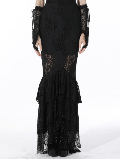 Black Elegant Gothic Lace Maxi Fishtail Skirt
