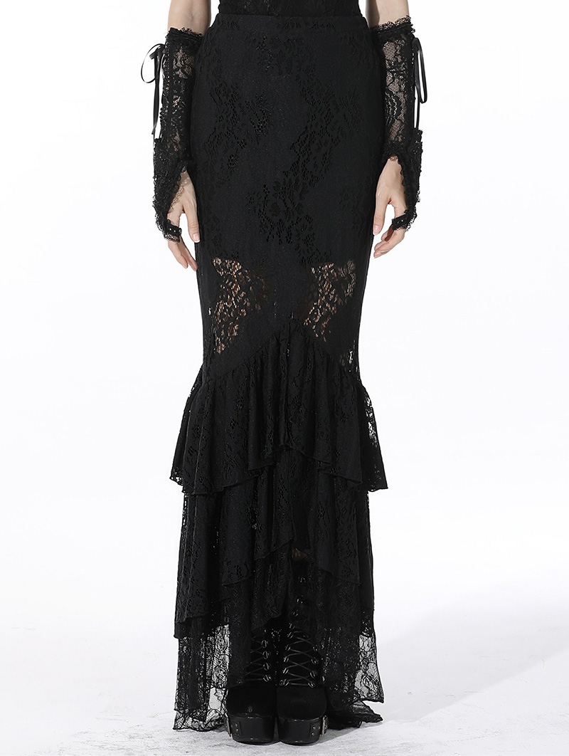 Black Elegant Gothic Lace Maxi Fishtail Skirt