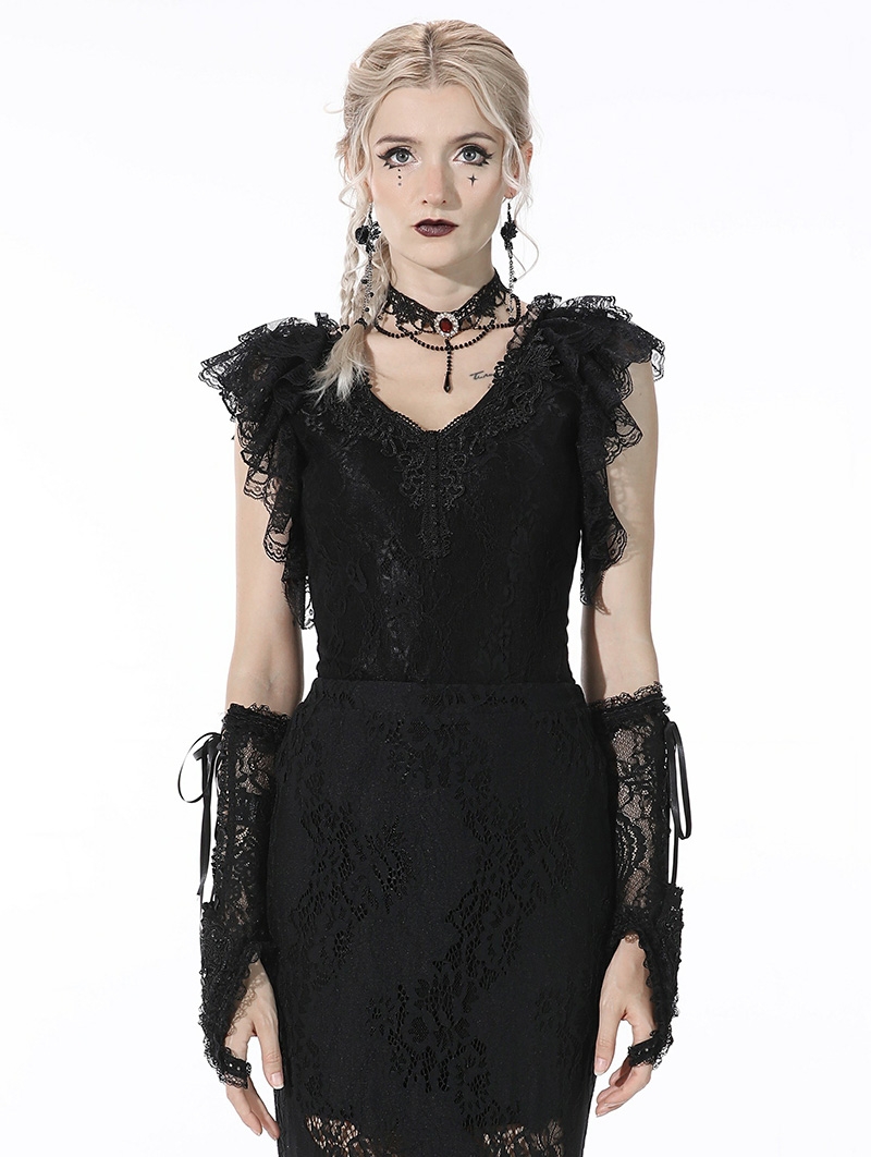 Black Gothic Lace Short Sleeves Daily Wear Top for Women